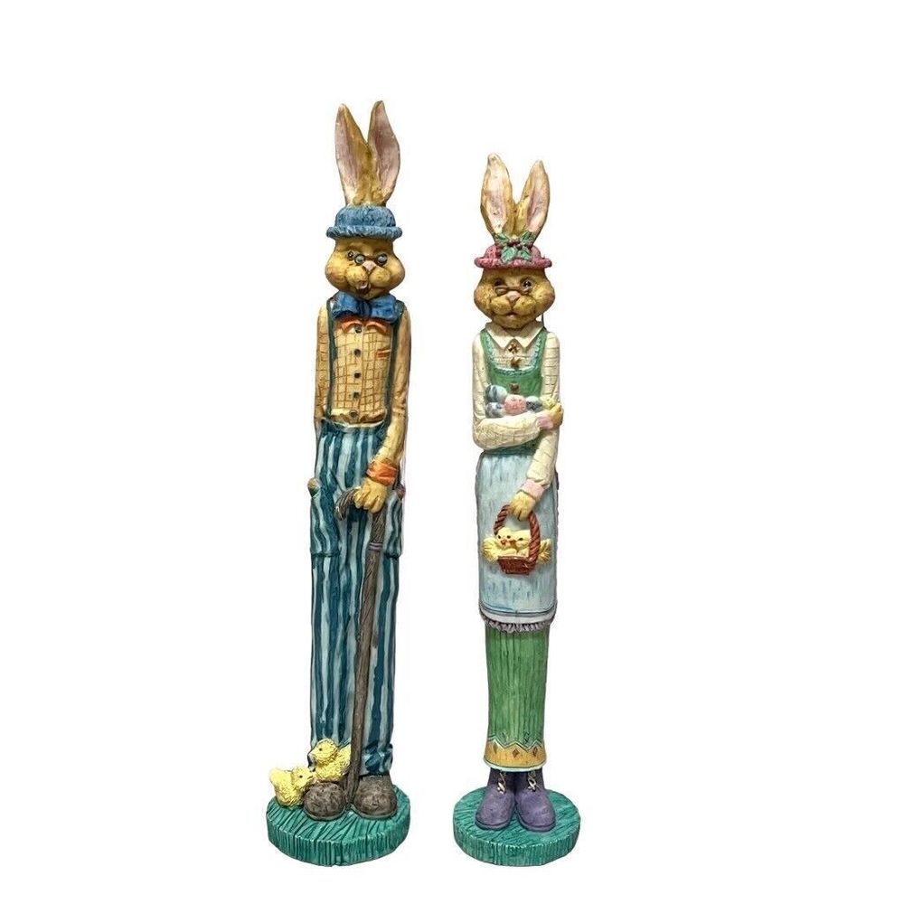 Vintage Resin Spring Easter Grandpa & Grandma Bunnies Pencil Figurines Set of 2